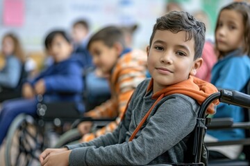 Disabled child on wheelchair. Life in the education age of special children. - obrazy, fototapety, plakaty