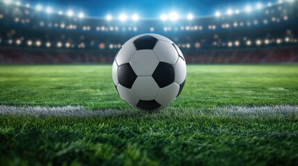Obraz premium Soccer ball in a stadium with lights. A classic black and white soccer ball on green grass in the center of a stadium.