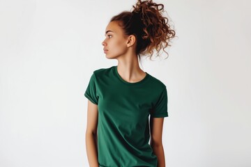 Woman In Green Tshirt On White Background, Mockup