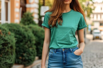 Woman In Green Tshirt On The Street, Mockup