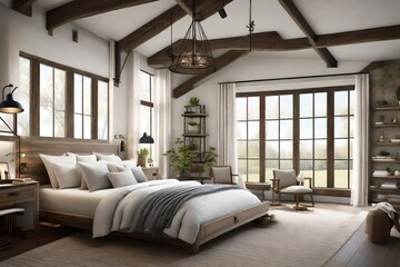 The fusion of the farmhouse and modern styles in this bedroom creates a retreat that is both stylish and comforting, making it the perfect haven for relaxation and peaceful nights.   