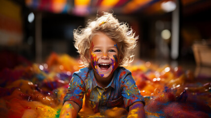 Obraz premium Happy laughing boy smeared in colourful paint