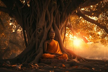 A meditating statue of Shakyamuni Buddha under a tree - obrazy, fototapety, plakaty