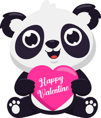 Cute Valentine Panda Bear Cartoon Character Holding A Heart With Text. Vector Illustration Flat Design Isolated On Transparent Background