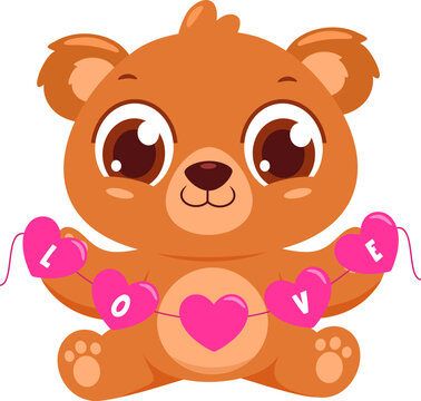 Cute Valentine Bear Cartoon Character Holding Hearts With Text Love. Vector Illustration Flat Design Isolated On Transparent Background