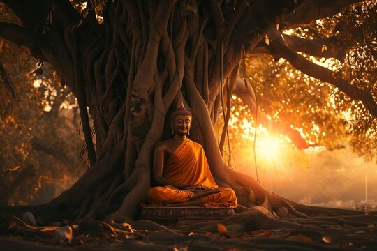 A meditating statue of Shakyamuni Buddha under a tree