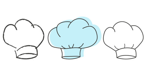 Chef hat icon set, hand drawn vector illustration. Line headdress isolated on white background