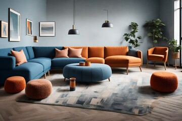 the scene with two knitted poufs positioned beside a light dark blue and orange corner sofa,...