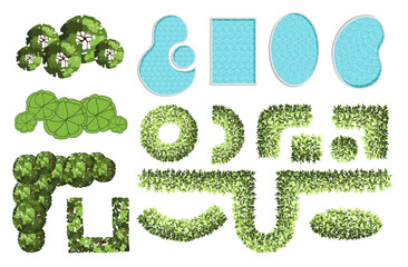 Top view elements for the landscape design plan. Trees and pools for architectural floor plans. Maze garden. Various trees, bushes, and shrubs. Vector illustration.