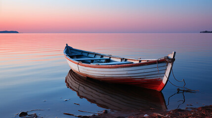 Naklejka na ściany i meble Orange Horizon Over a Tranquil Evening Sea with a Boat Sailing into the Dusk Sky.