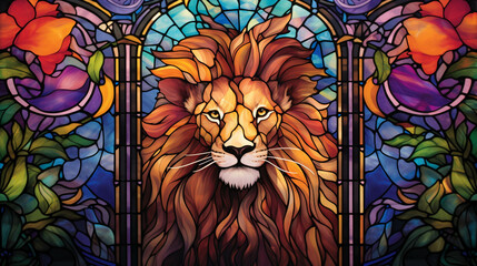 Vibrant stained glass window, lion pattern.