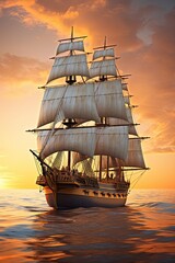 Obraz premium Small sailing ship in the open sea at sunset. Step aboard a 17th century sailing vessel and embark on a journey of legendary proportions.