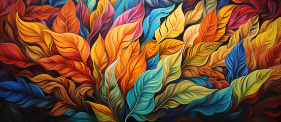 Fototapeta na wymiar the colors of this painting are very bright, in the style of leaf patterns, vintage graphic design, smokey background, warm color palette, shaped canvas