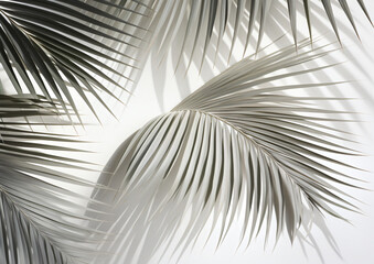 Fototapeta premium white wall texture with palm leaves, in the style of inky shadows, shaped canvas, contrasting shadows, high resolution, light gray and gray, scattered composition, soft-edged