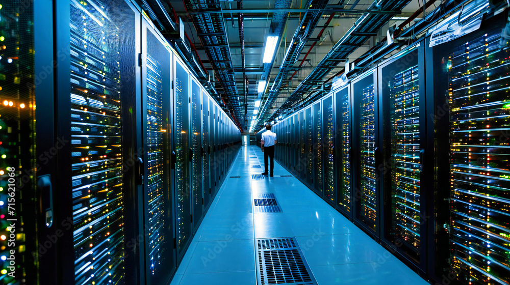 Poster datacenter connectivity hub: a blue-themed datacenter with servers and networking equipment, emphasi