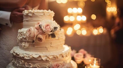 Love's Celebration: Bride and Groom, Cake, and Candlelit Ambiance in a Dreamy Wedding Setting.