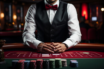 Concept of casino games poker slots free spins chips cards dice players las vegas Generative AI picture