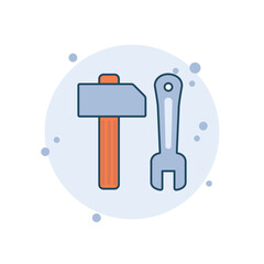 Cartoon spanner with hammer icon vector illustration. Repair on bubbles background. Service sign concept.