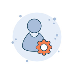 Cartoon human with wheel icon vector illustration. Gear icon on bubbles background. Cogwheel sign concept.