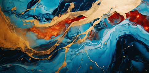 an abstract image of a blue and gold liquid, in the style of photorealistic details, light gold and red, dark turquoise and dark amber, abstraction-création, resin, calming 