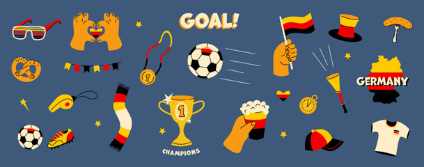 Football Germany fan element set. Football match championship items: shirt, scarf, whistle, ball, goal, tournament cup, trumpet, hat, trophy, ball, boots. Hand with German flag and beer.