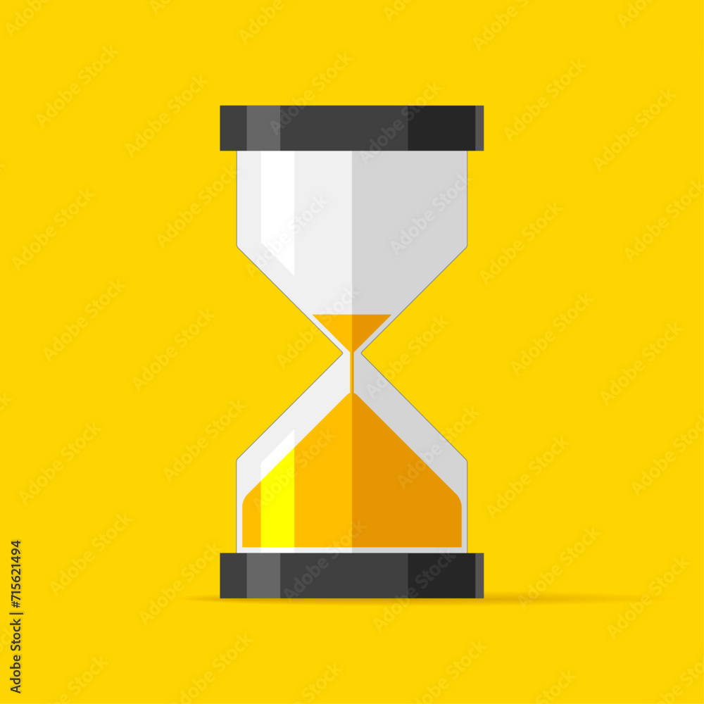 Poster hourglass icon in flat style. sandglass timer on yellow background. vector design element for you bu