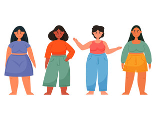 Set of vector illustrations of beautiful women. Beautiful girls with different skin colors and in different clothes. People. Summer.