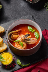 Tomato soup with seafood and rouille sauce served with ciabatta, aesthetically pleasing winter menu
