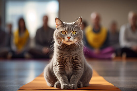 AI generated image of funny cat om yoga meditation lesson in gym