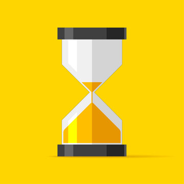Hourglass icon in flat style. Sandglass timer on yellow background. Vector design element for you bussines projects