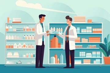 pharmacists of different races work in a pharmacy. pharmacy cartoon illustration