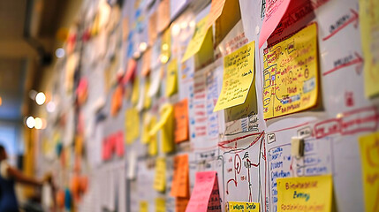 Creativity and Ideas Wall: Office wall covered with colorful sticky notes, symbolizing a creative space for generating and organizing ideas - obrazy, fototapety, plakaty