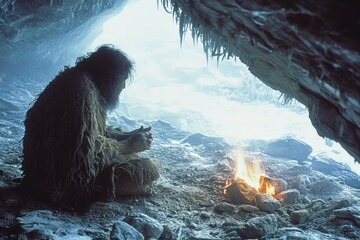Chronicles of prehistoric life: primitive man, delving into the mysteries of early human existence, tools, culture, and survival in the ancient epochs of our evolutionary past - obrazy, fototapety, plakaty