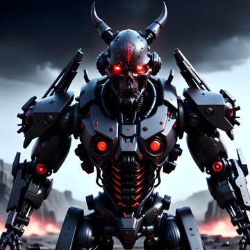 Full combat black cyborg mechanical Demon head red optics