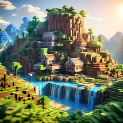 Blocky surface inspired village. Blocky texture world. Generative AI.