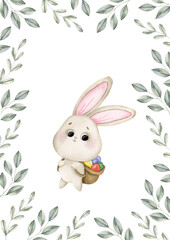 Hand-drawn watercolor illustration with easter bunny. Composition for decoration and design souvenirs, posters, postcards, prints