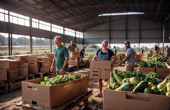 A local agriculture food co-op farm. Members are carrying home boxes with the week's fresh, seasonal produce. Supporting local farms and farmers.