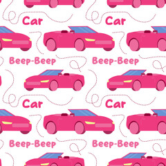 seamless pattern of pink convertible car, classic car. A toy car for a doll. vector illustration. Barbiecore