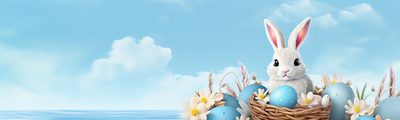 Happy easter day,a Rabbit bunny iwith Easter eggs and a blue sky background
