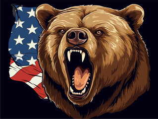 Vector design for t-shirt. 
Ferocious brown bear on background
of american flag. 
Fashionable print for fabric, paper, men clothing,
hoodie, biker jacket.