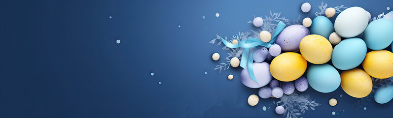 Flat lay of happy easter eggs on blue background .Happy easter day