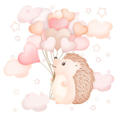 Cute hedgehog sitting holding heart balloons on the sky.