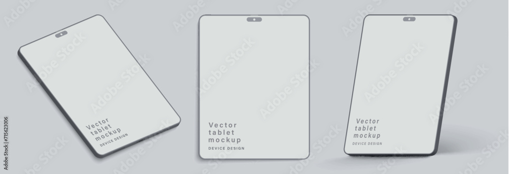 Poster tablet clay mockup with blank screen in different angles view isolated on grey background. minimalis
