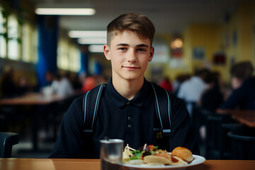 Fototapeta premium Generative AI photo of schoolchild eating tasty lunch at school canteen