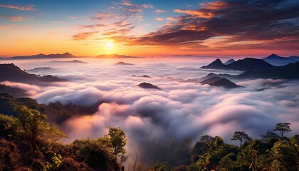 View of the sea of clouds from the top of the mountain peak. Tropical rainforest with vibrant morning reflection of the sunrise.