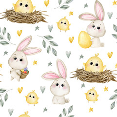 Seamless pattern with easter bunny, chicken and eggs without background. Watercolor illustration for decoration and design of fabrics, textiles, souvenirs 
