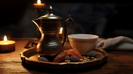 A cup of coffee with a teapot and candies on a wooden table