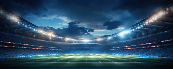 Fototapeta na wymiar Night stadium with green grass and turn on lights.