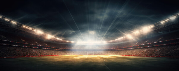 Night stadium with green grass and turn on lights. - obrazy, fototapety, plakaty