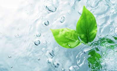 green leaf with water drops With space for your text panorama